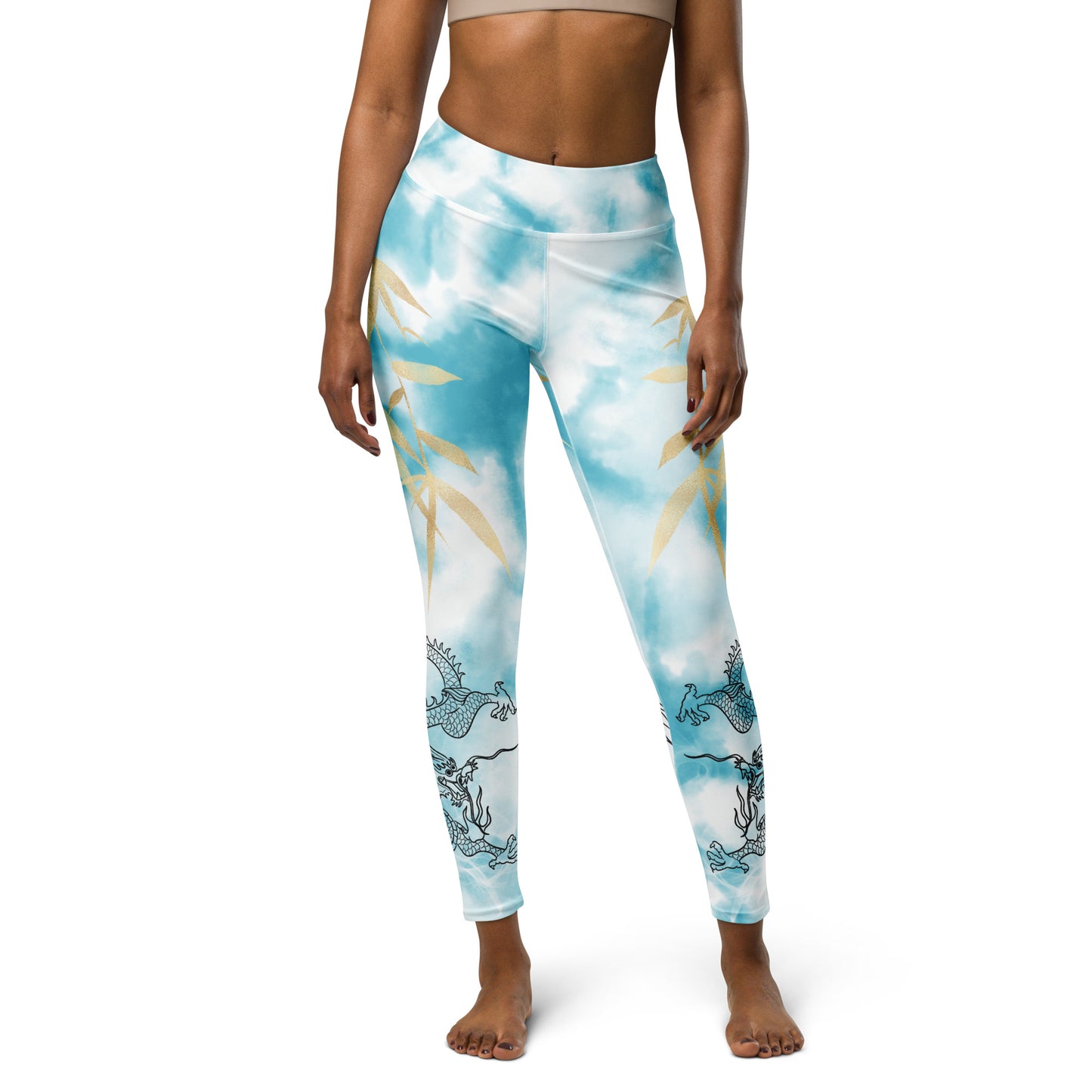 Yoga Leggings - Dragon, White Smoke, Gold Leaf, Light Blue Tie Dye Background