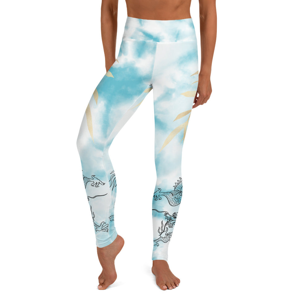 Yoga Leggings - Dragon, White Smoke, Gold Leaf, Light Blue Tie Dye Background