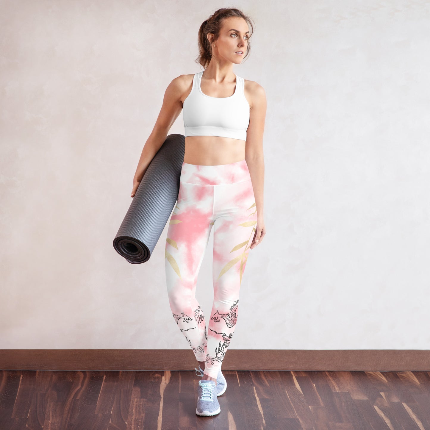 Yoga Leggings - Dragon, White Smoke, Gold Leaf, Pink Tie Dye Background