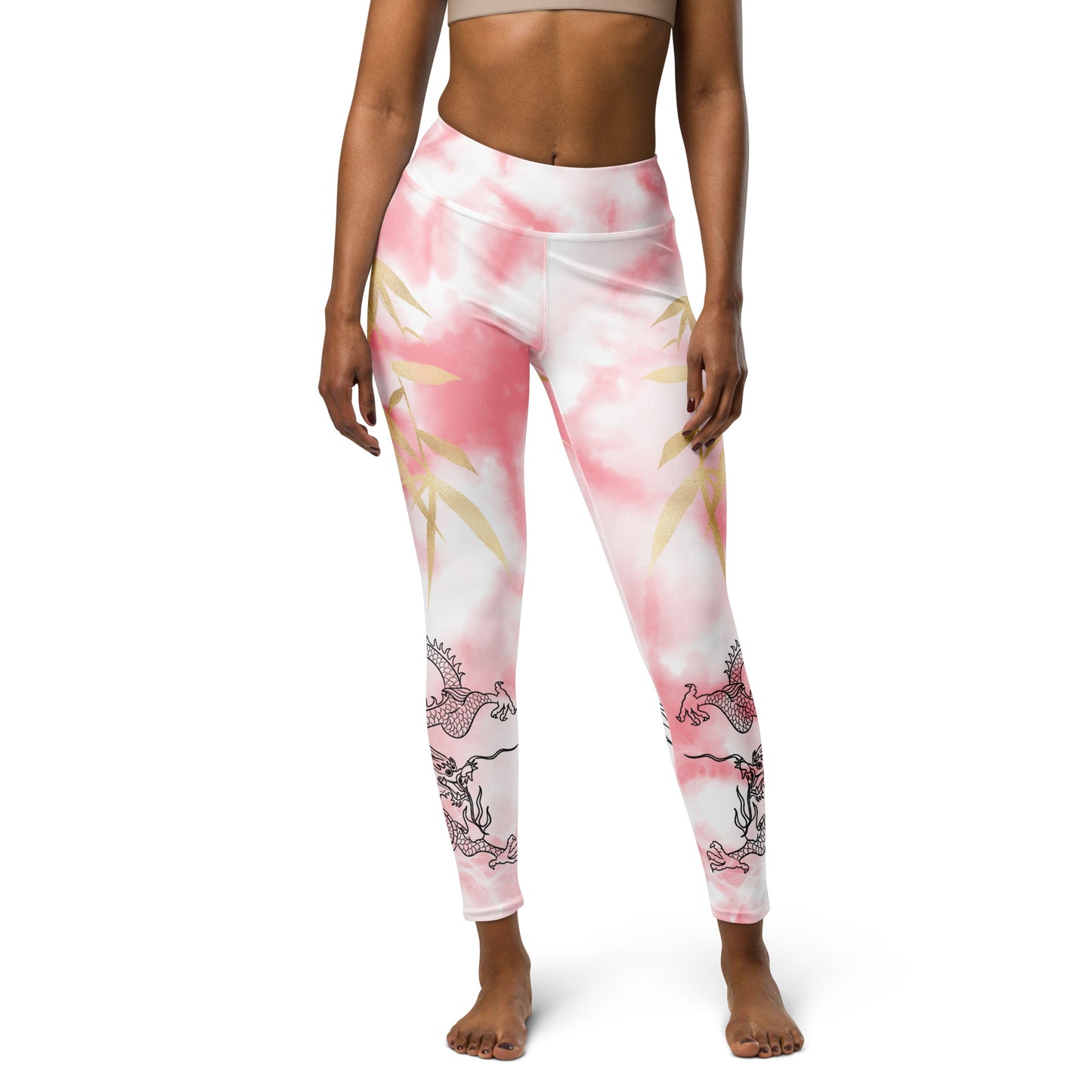 Yoga Leggings - Dragon, White Smoke, Gold Leaf, Pink Tie Dye Background