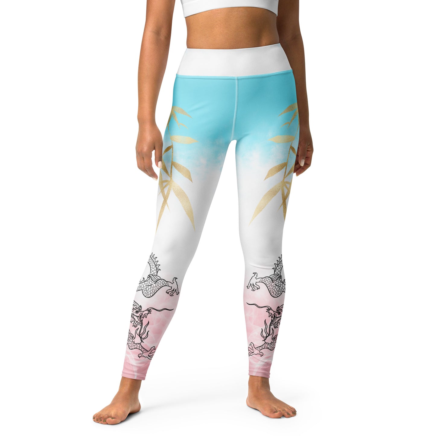 Yoga Leggings - Dragon, White Smoke, Gold Leaf, Pink and Blue Gradient Background