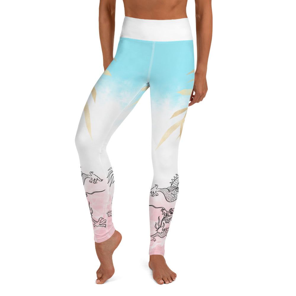 Yoga Leggings - Dragon, White Smoke, Gold Leaf, Pink and Blue Gradient Background