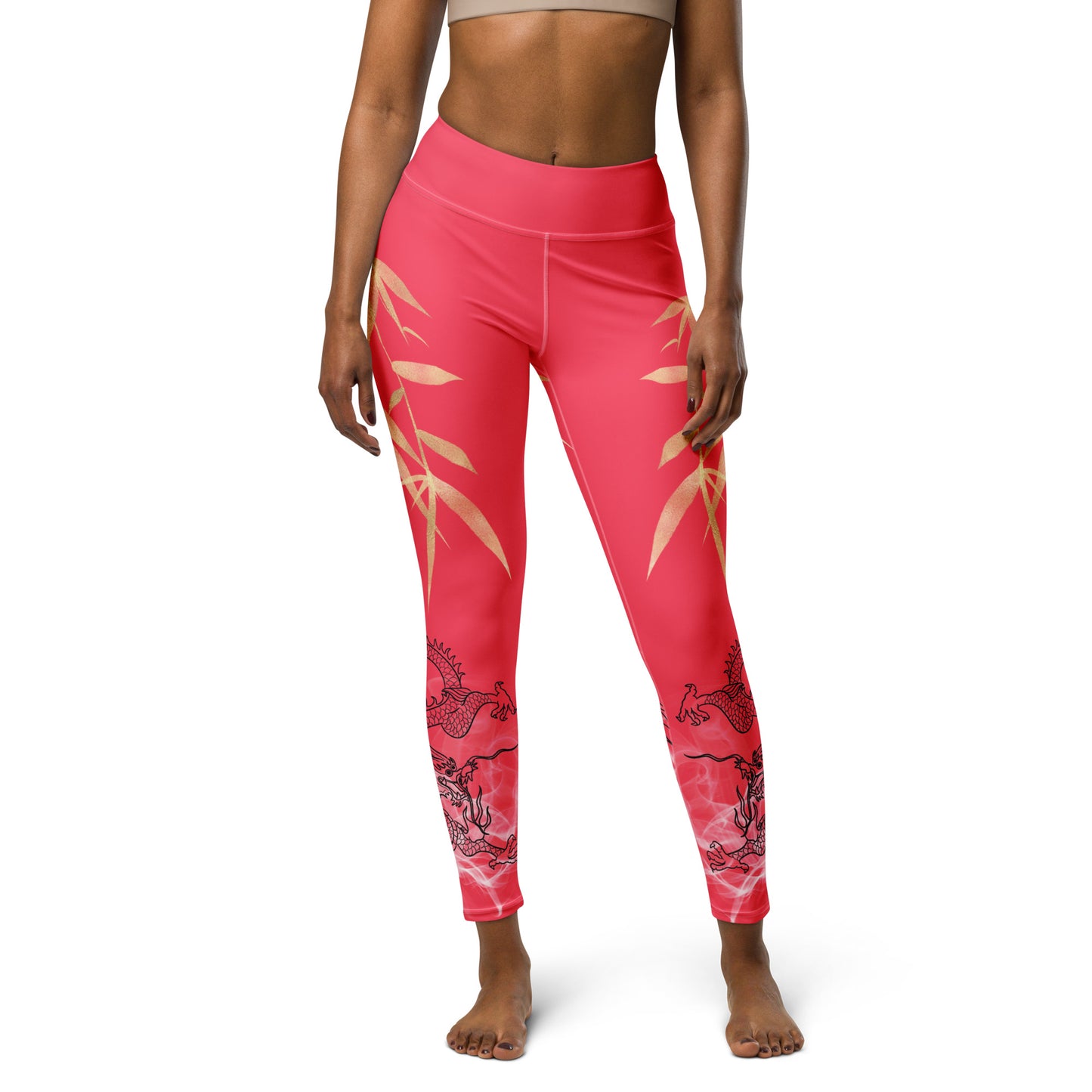 Yoga Leggings - Dragon, White Smoke, Gold Leaf, Radical Red Background