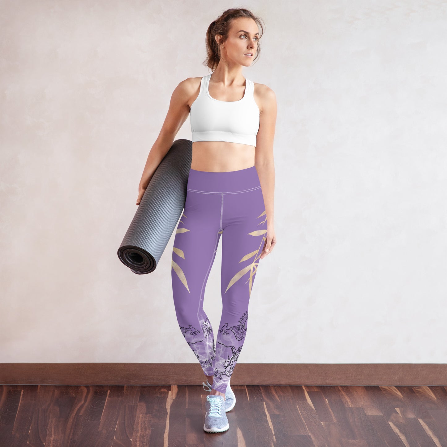 Yoga Leggings - Dragon, White Smoke, Gold Leaf, Ce Soir Purple Background