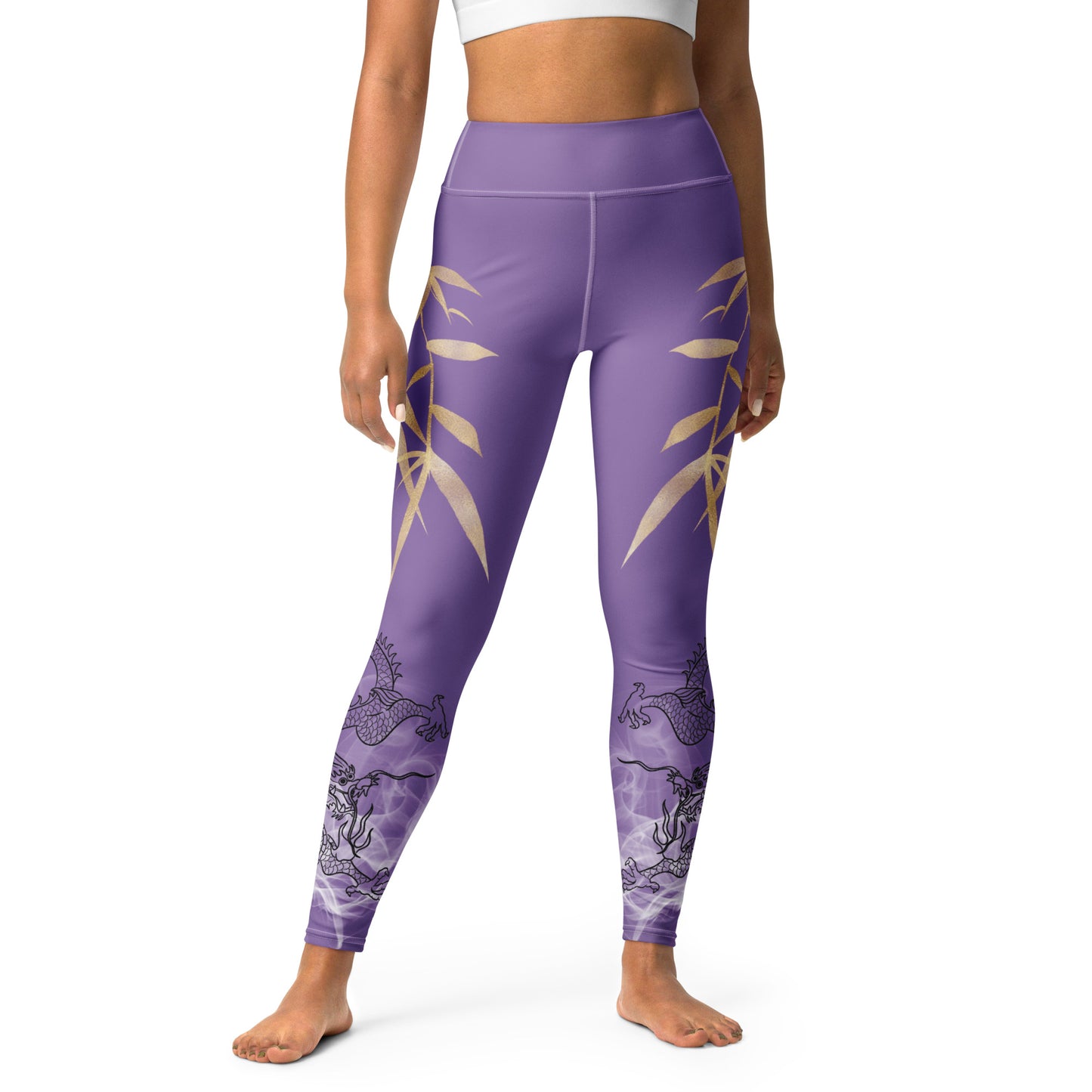 Yoga Leggings - Dragon, White Smoke, Gold Leaf, Ce Soir Purple Background