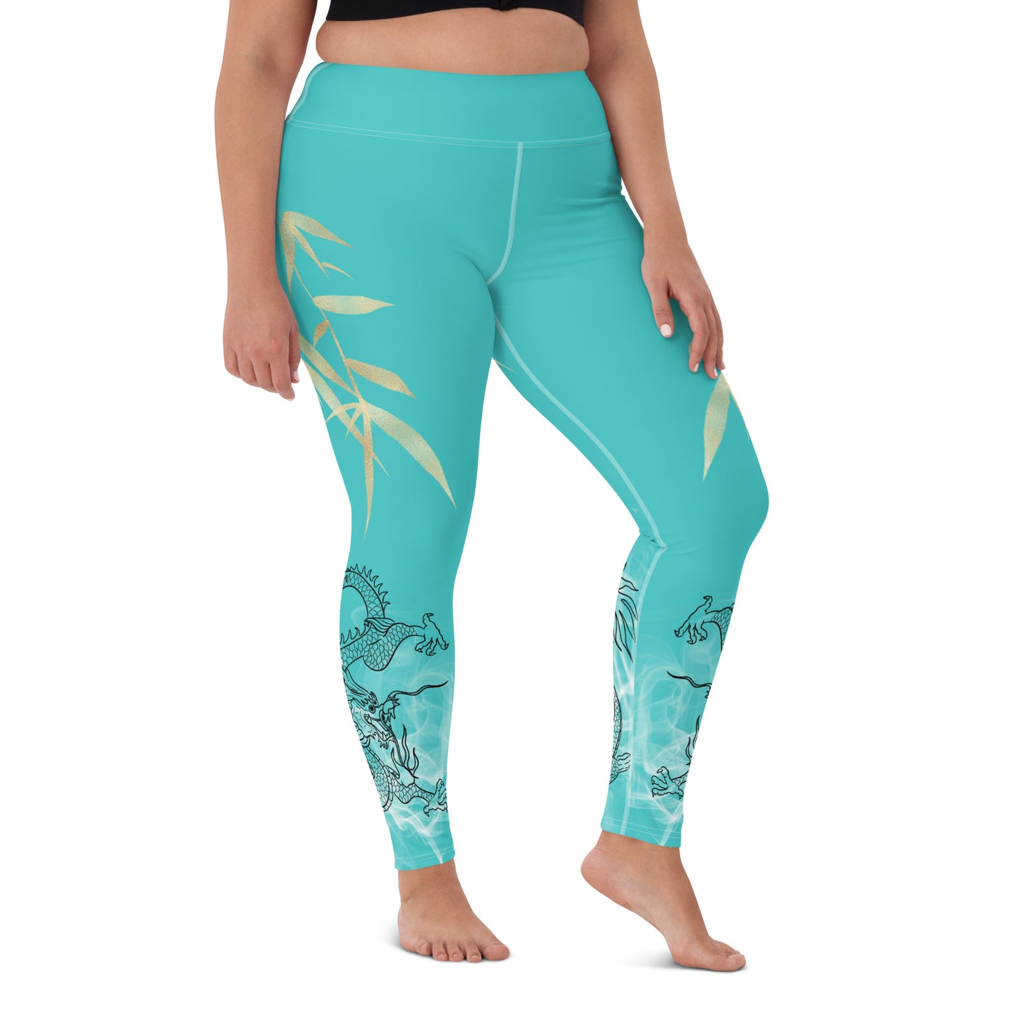 Yoga Leggings - Dragon, White Smoke, Gold Leaf, Dark Turquoise Background