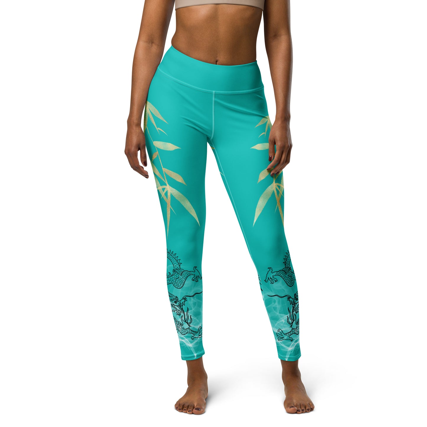 Yoga Leggings - Dragon, White Smoke, Gold Leaf, Iris Blue not Dark Turquoise Background