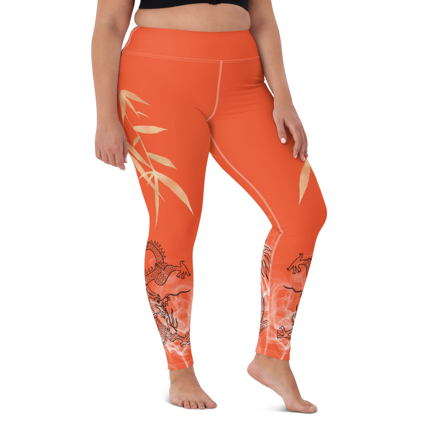 Yoga Leggings - Dragon, White Smoke, Gold Leaf, Outrageous Orange Background