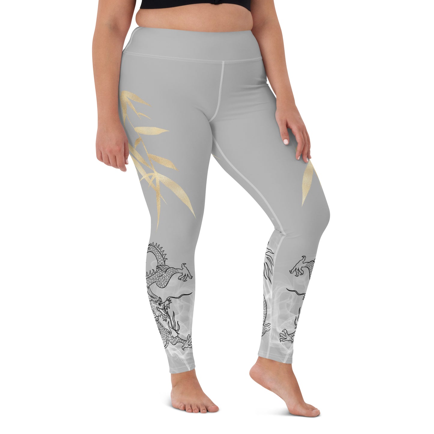 Yoga Leggings - Dragon, White Smoke, Gold Leaf, Silver Background