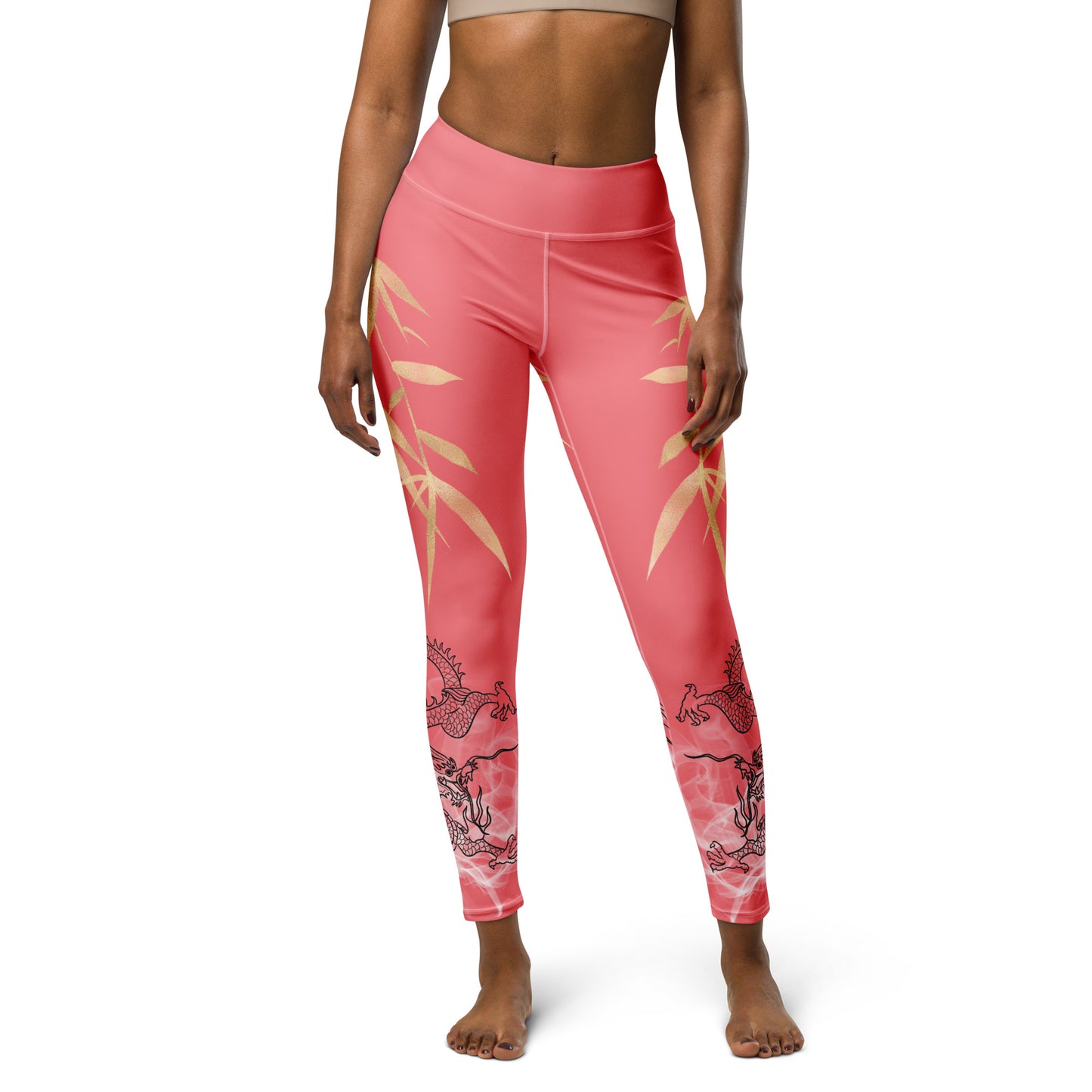 Yoga Leggings - Dragon, White Smoke, Gold Leaf, Froly Pink Peach Background