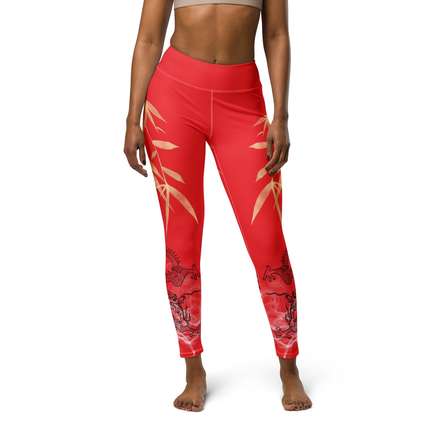 Yoga Leggings - Dragon, White Smoke, Gold Leaf, Alizarin Red Background