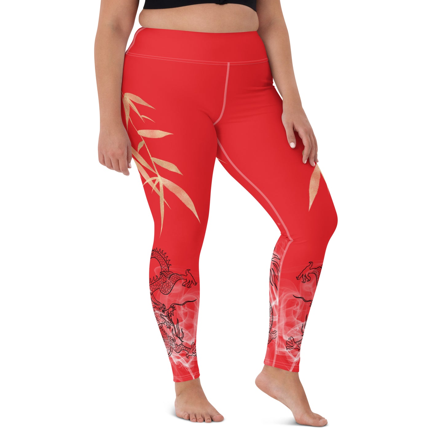 Yoga Leggings - Dragon, White Smoke, Gold Leaf, Alizarin Red Background