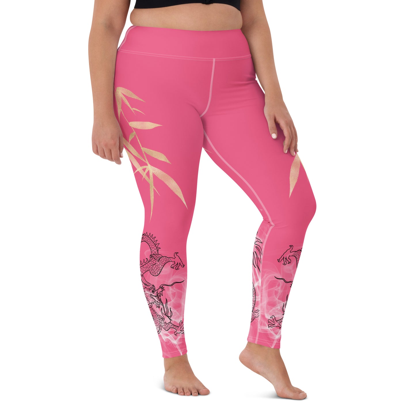 Yoga Leggings - Dragon, White Smoke, Gold Leaf, Brink Pink Background