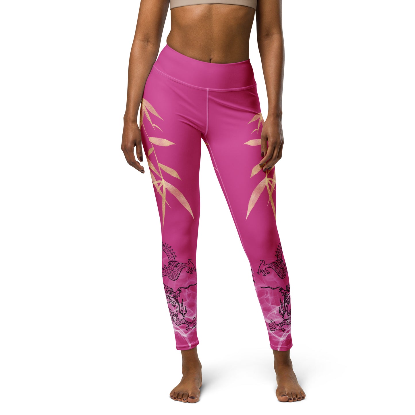 Yoga Leggings - Dragon, White Smoke, Gold Leaf, Deep Cerise Pink Purple Background