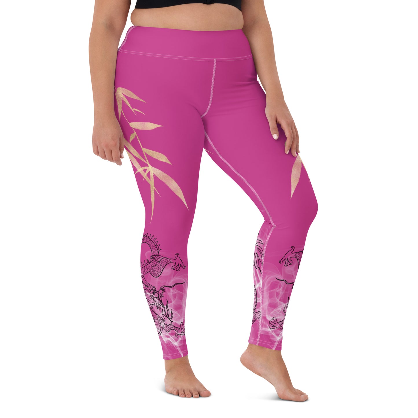 Yoga Leggings - Dragon, White Smoke, Gold Leaf, Deep Cerise Pink Purple Background