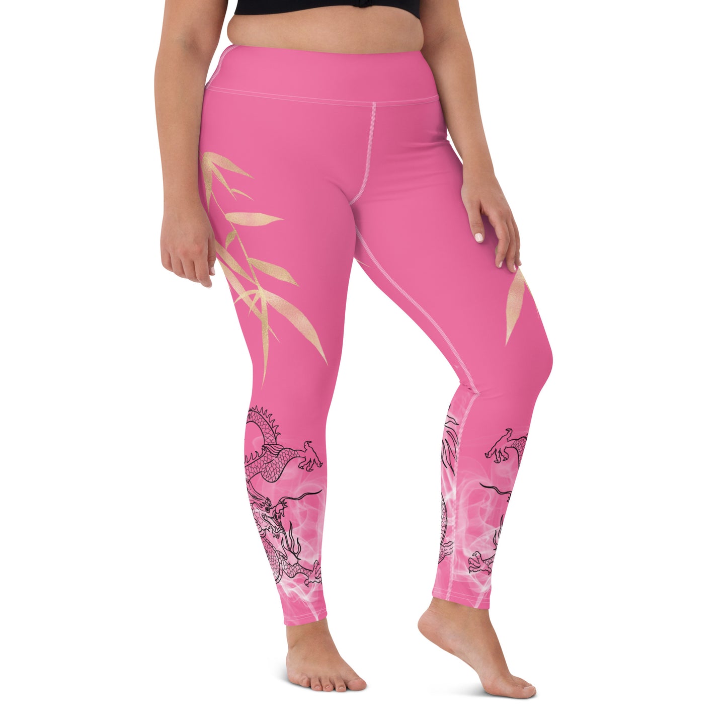 Yoga Leggings - Dragon, White Smoke, Gold Leaf, Brilliant Rose Background