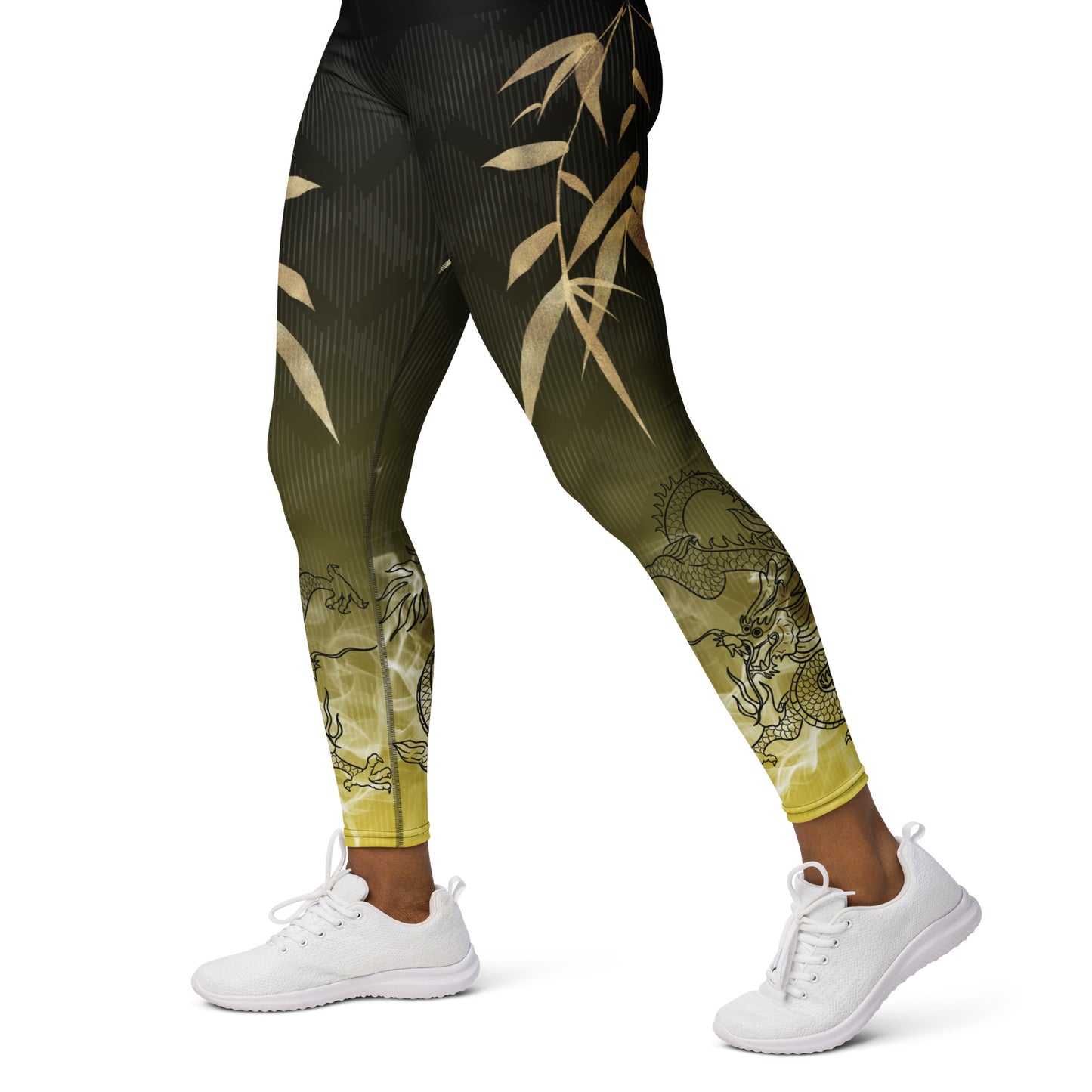 Yoga Leggings - Dragon, White Smoke, Gold Leaf, Gradient 2 Background