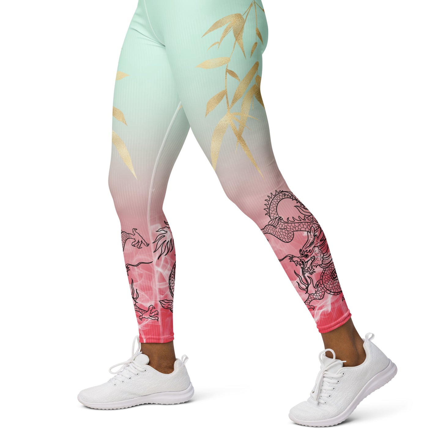 Yoga Leggings - Dragon, White Smoke, Gold Leaf, Gradient 3 Background