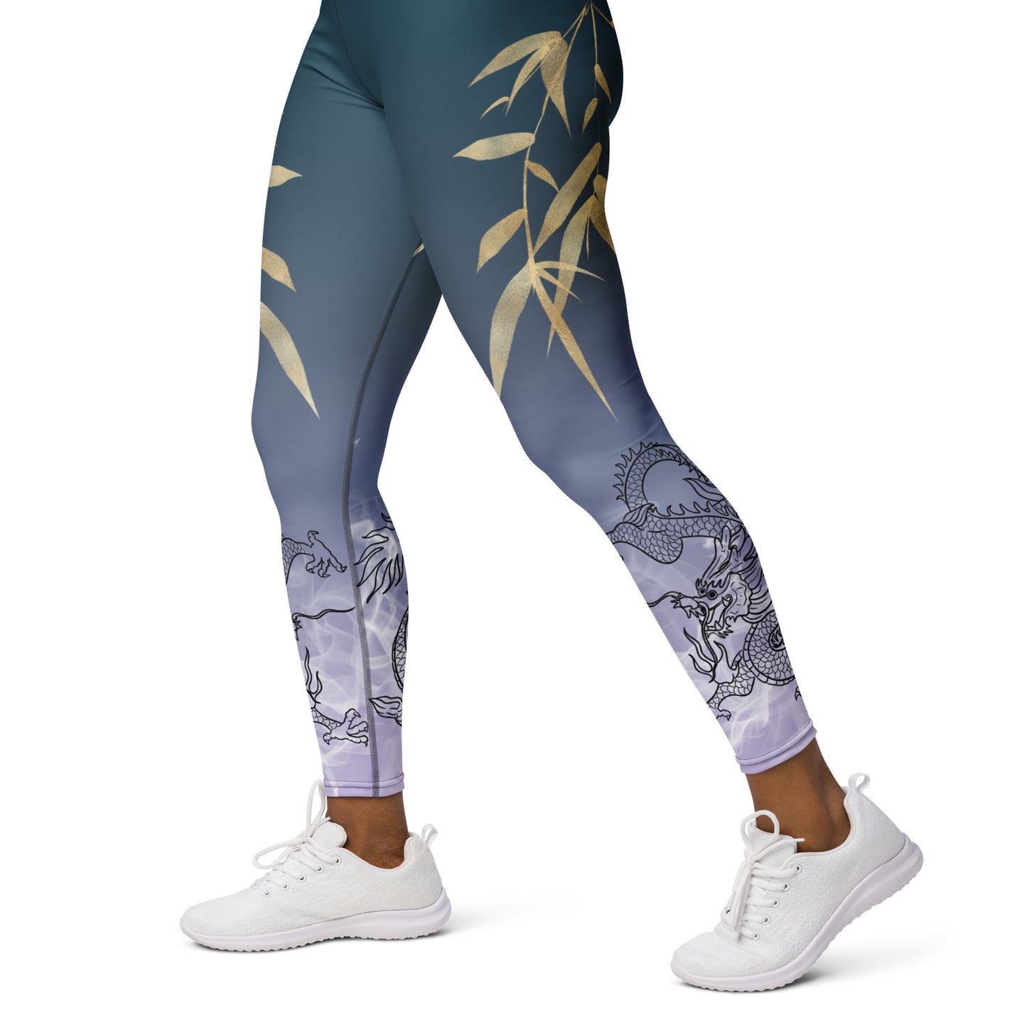 Yoga Leggings - Dragon, White Smoke, Gold Leaf, Gradient 4 Background