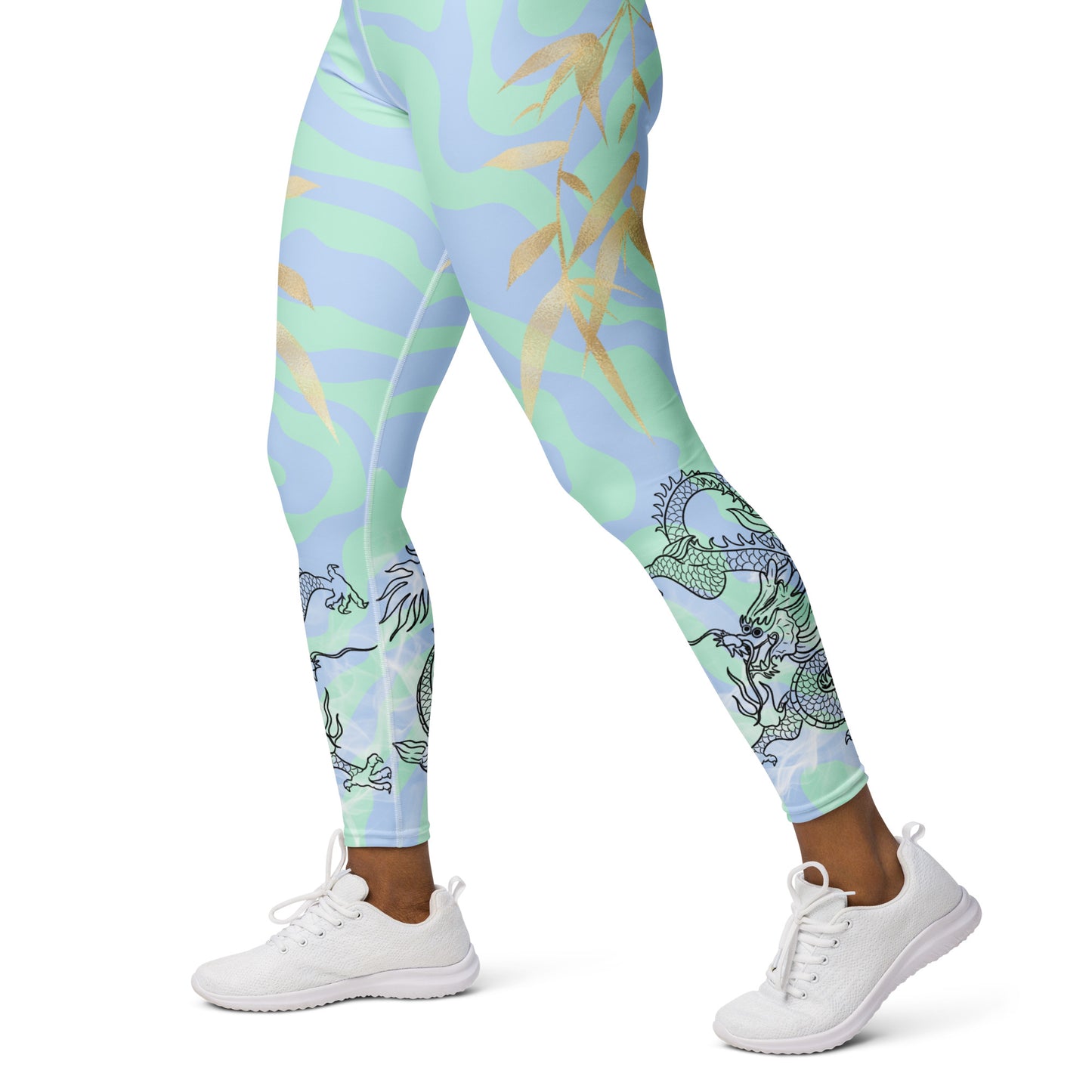 Yoga Leggings - Dragon, White Smoke, Gold Leaf, Green and Blue Swirl Background