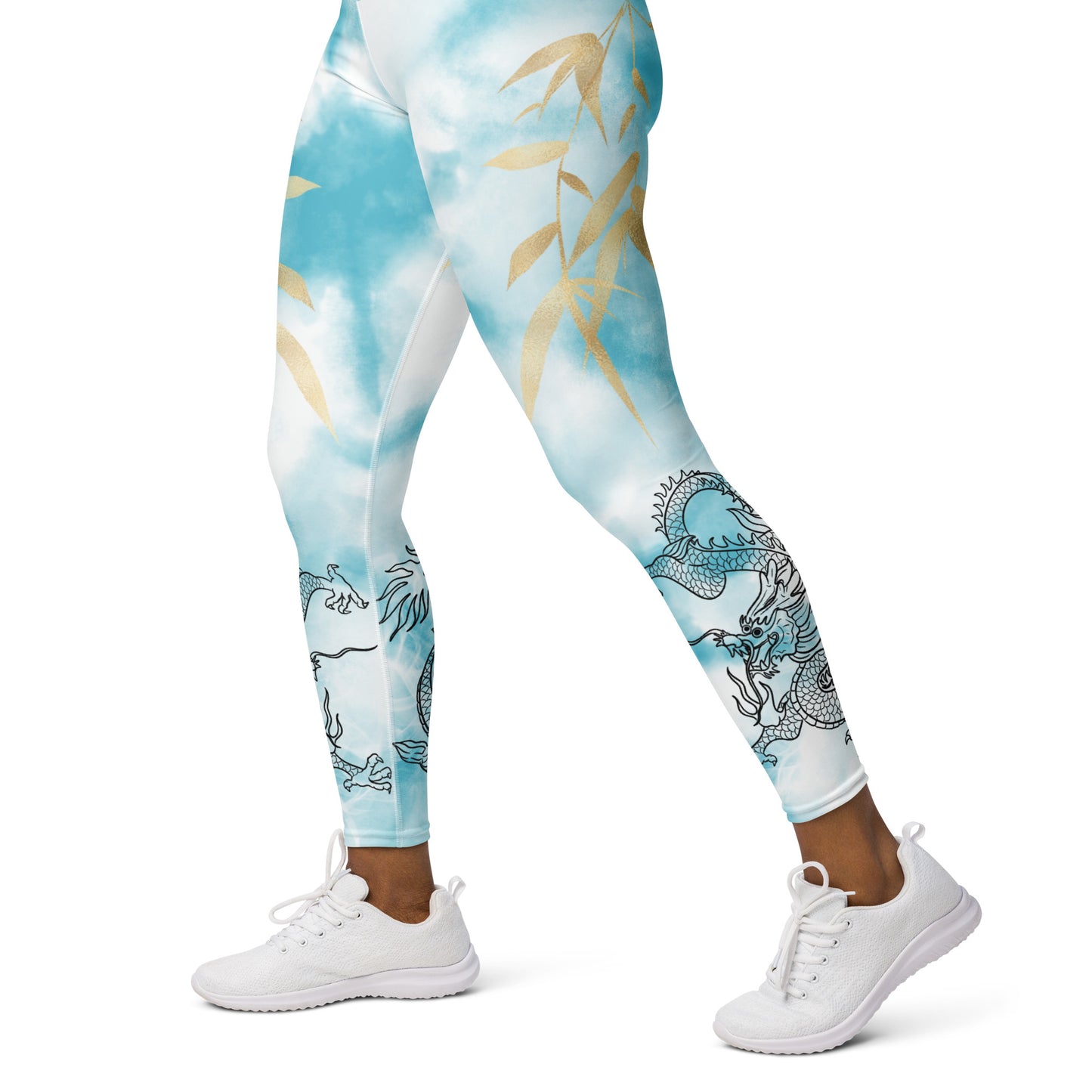 Yoga Leggings - Dragon, White Smoke, Gold Leaf, Light Blue Tie Dye Background