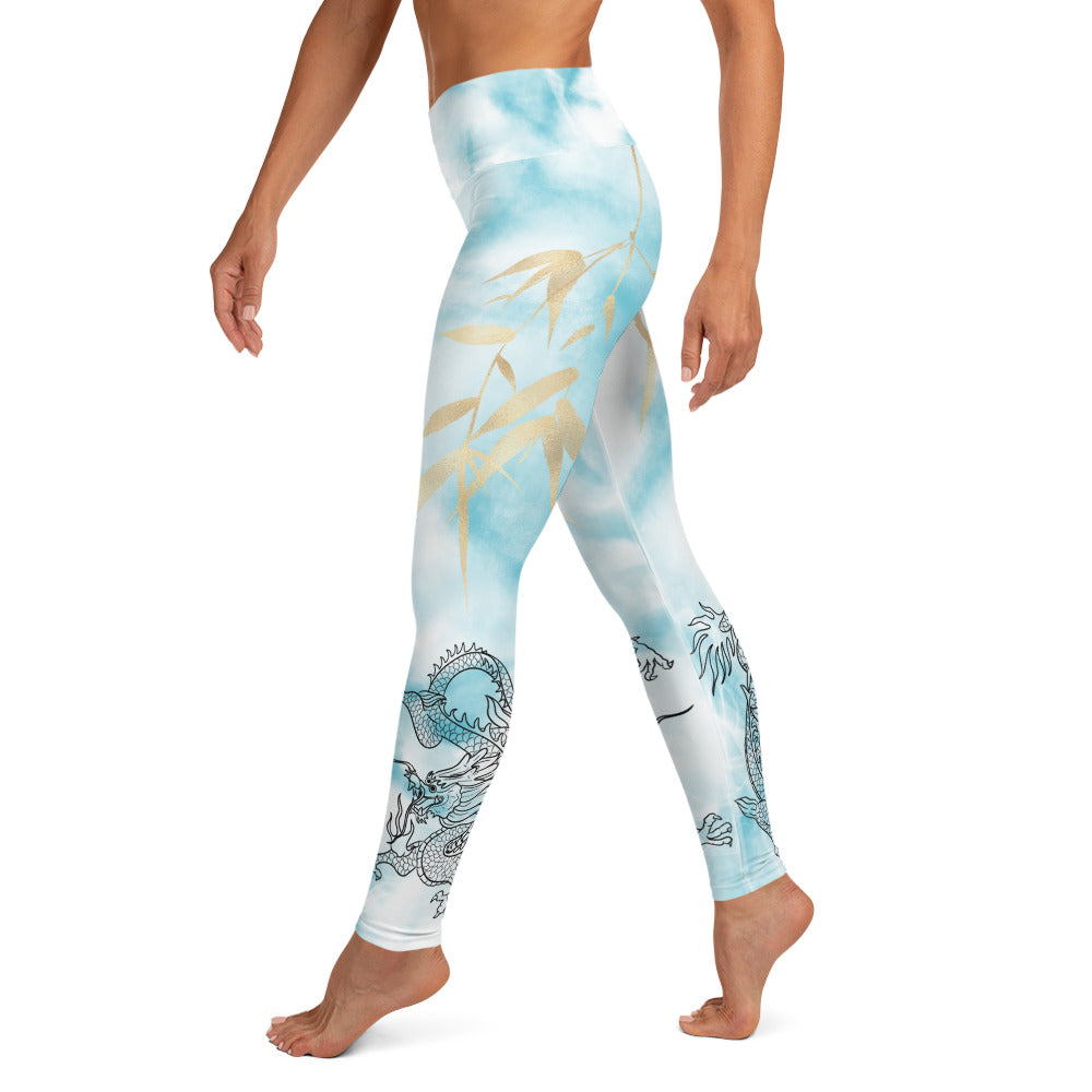 Yoga Leggings - Dragon, White Smoke, Gold Leaf, Light Blue Tie Dye Background