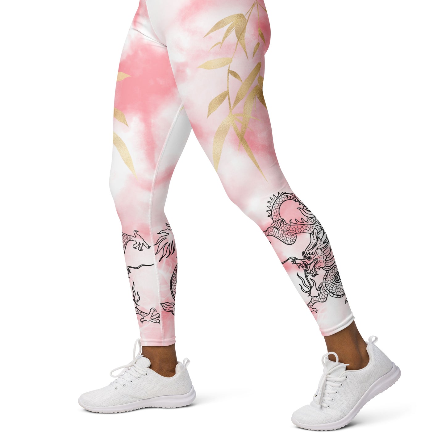 Yoga Leggings - Dragon, White Smoke, Gold Leaf, Pink Tie Dye Background