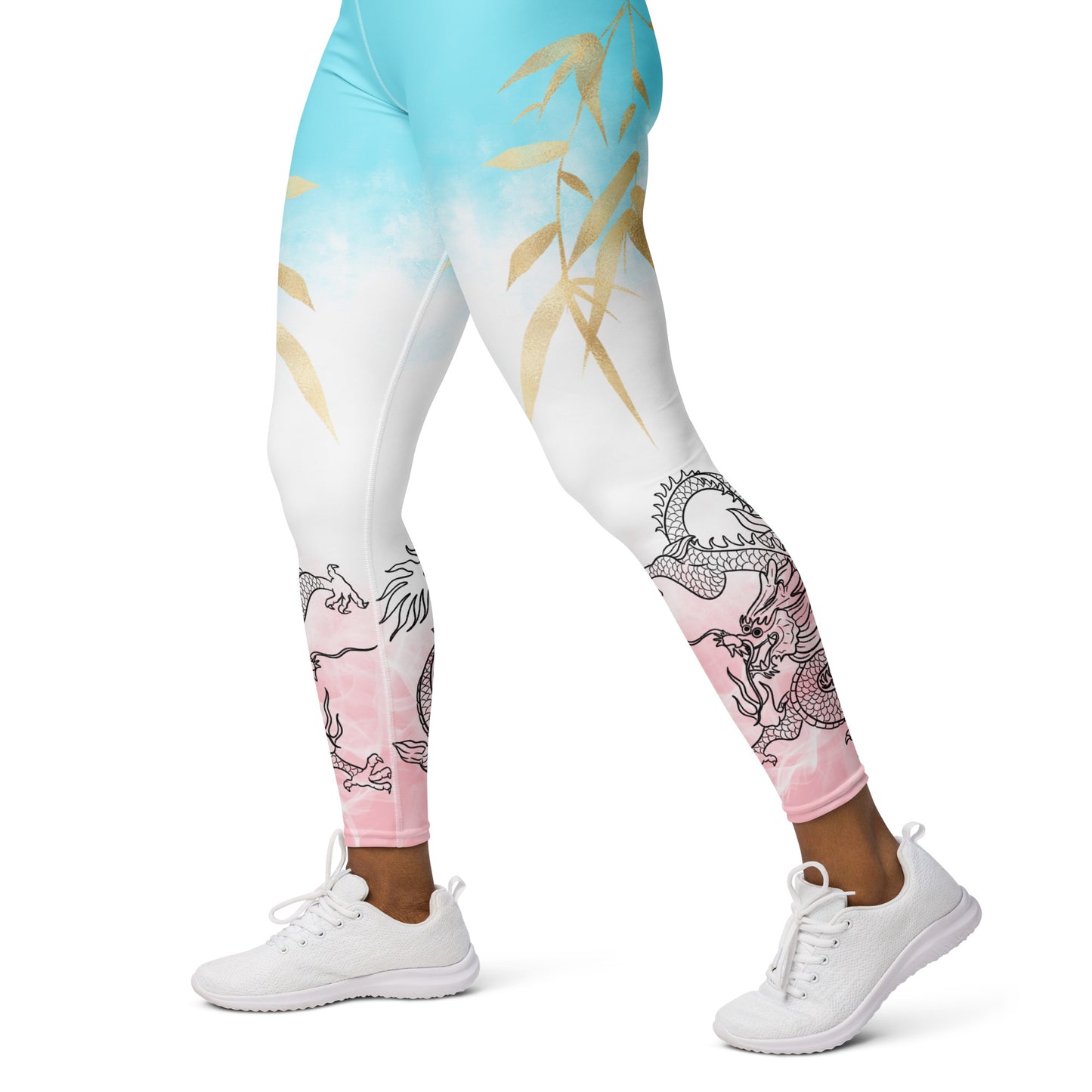 Yoga Leggings - Dragon, White Smoke, Gold Leaf, Pink and Blue Gradient Background