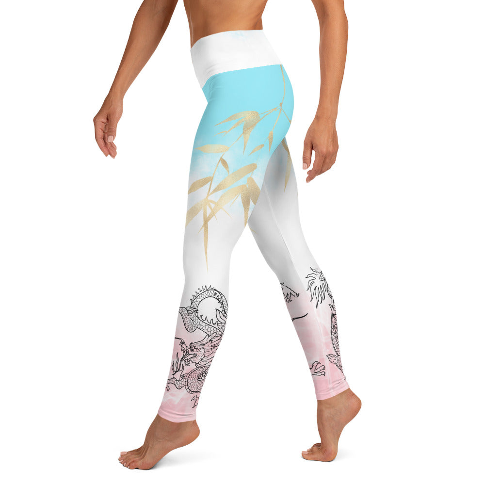 Yoga Leggings - Dragon, White Smoke, Gold Leaf, Pink and Blue Gradient Background