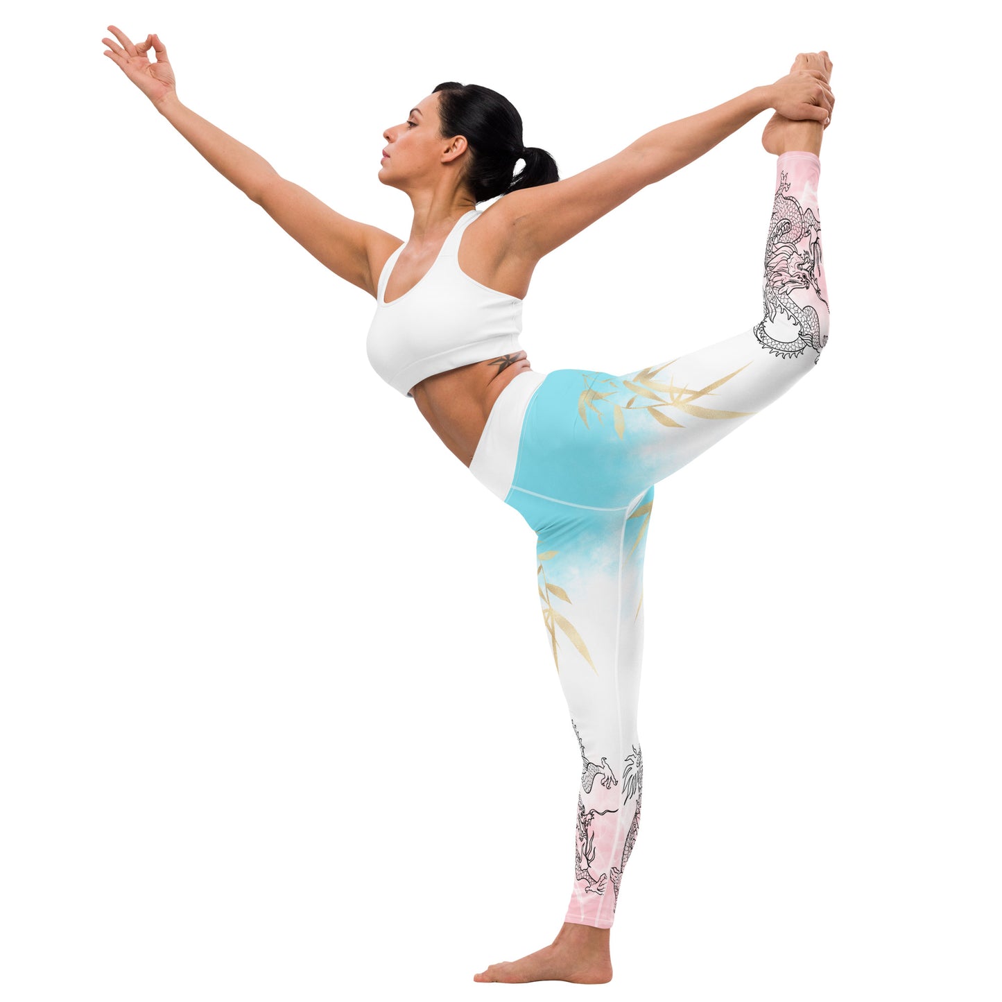 Yoga Leggings - Dragon, White Smoke, Gold Leaf, Pink and Blue Gradient Background