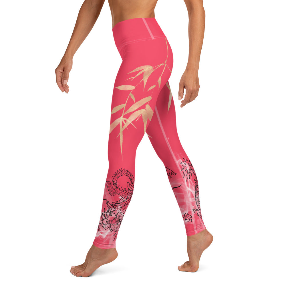 Yoga Leggings - Dragon, White Smoke, Gold Leaf, Radical Red Background