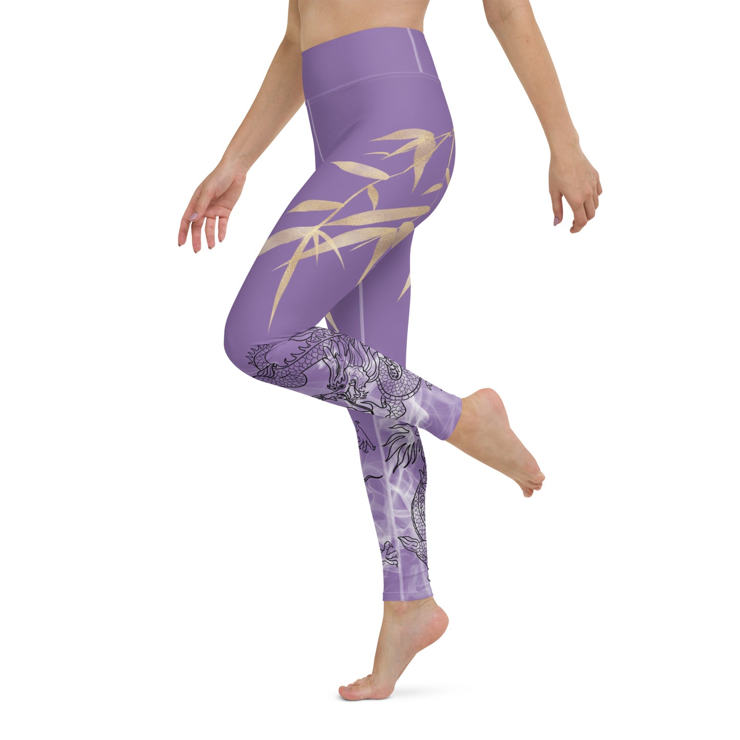 Yoga Leggings - Dragon, White Smoke, Gold Leaf, Ce Soir Purple Background