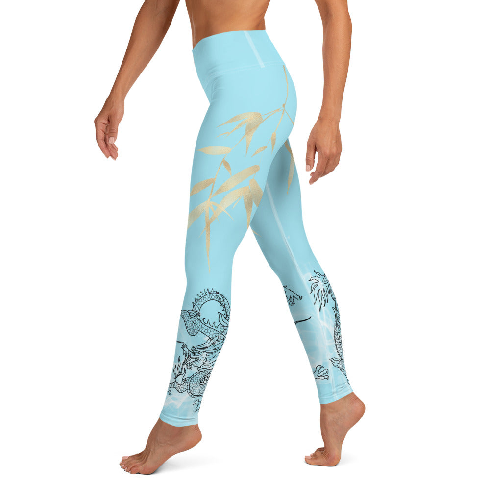 Yoga Leggings - Dragon, White Smoke, Gold Leaf, Blizzard Blue Background