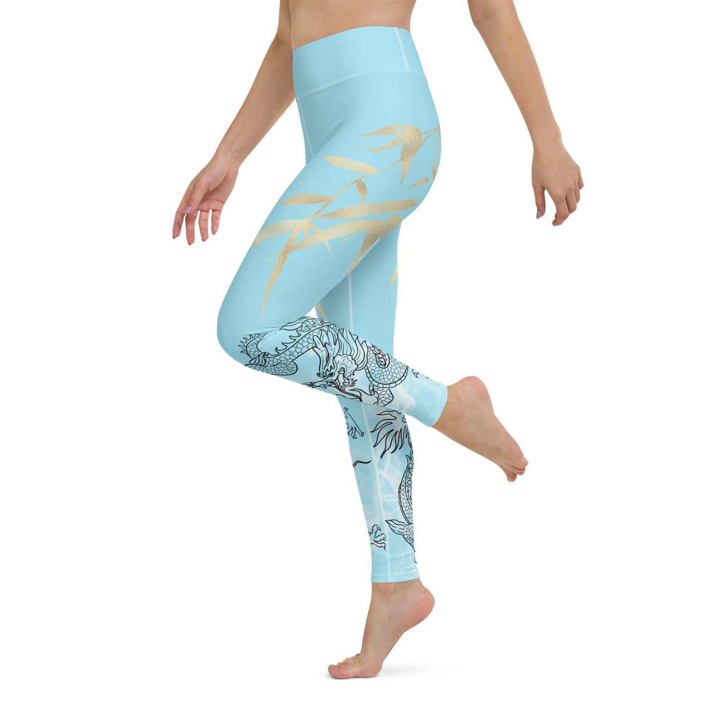 Yoga Leggings - Dragon, White Smoke, Gold Leaf, Blizzard Blue Background