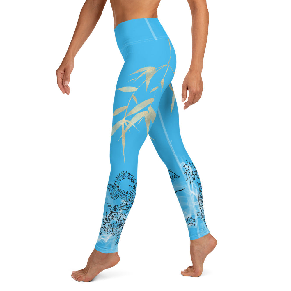 Yoga Leggings - Dragon, White Smoke, Gold Leaf, Deep Sky Blue Background