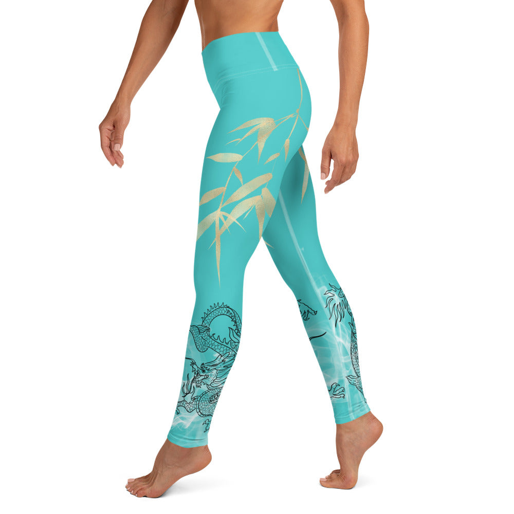 Yoga Leggings - Dragon, White Smoke, Gold Leaf, Dark Turquoise Background