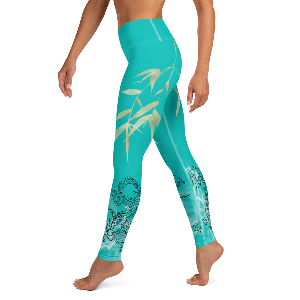 Yoga Leggings - Dragon, White Smoke, Gold Leaf, Iris Blue not Dark Turquoise Background