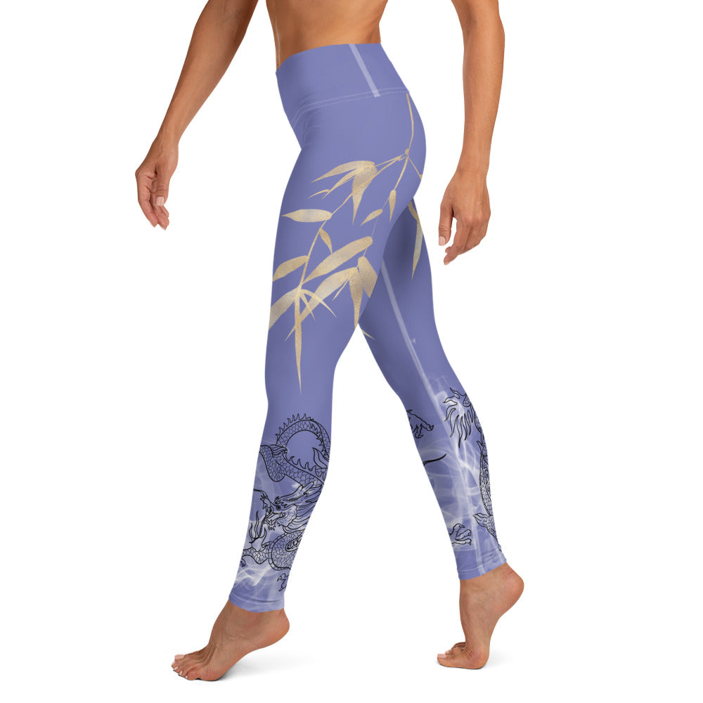 Yoga Leggings - Dragon, White Smoke, Gold Leaf, Chetwode Blue Purple Background