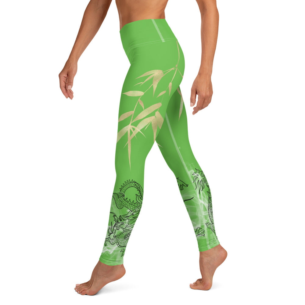 Yoga Leggings - Dragon, White Smoke, Gold Leaf, Kelly Green Background