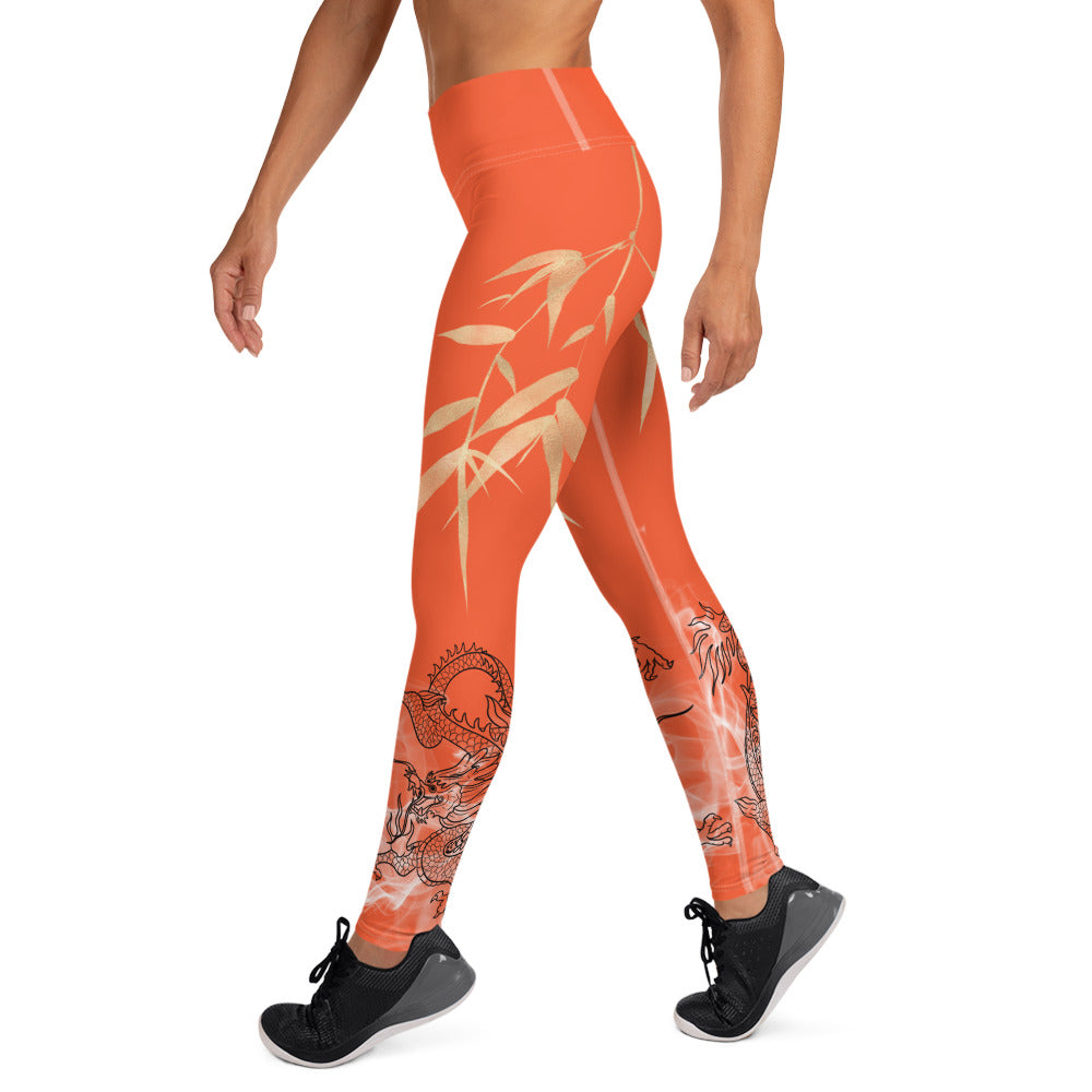 Yoga Leggings - Dragon, White Smoke, Gold Leaf, Outrageous Orange Background