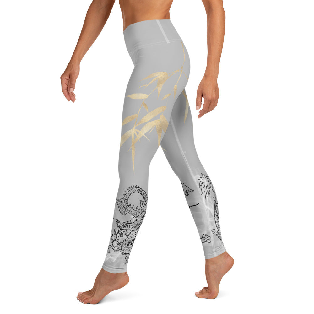 Yoga Leggings - Dragon, White Smoke, Gold Leaf, Silver Background