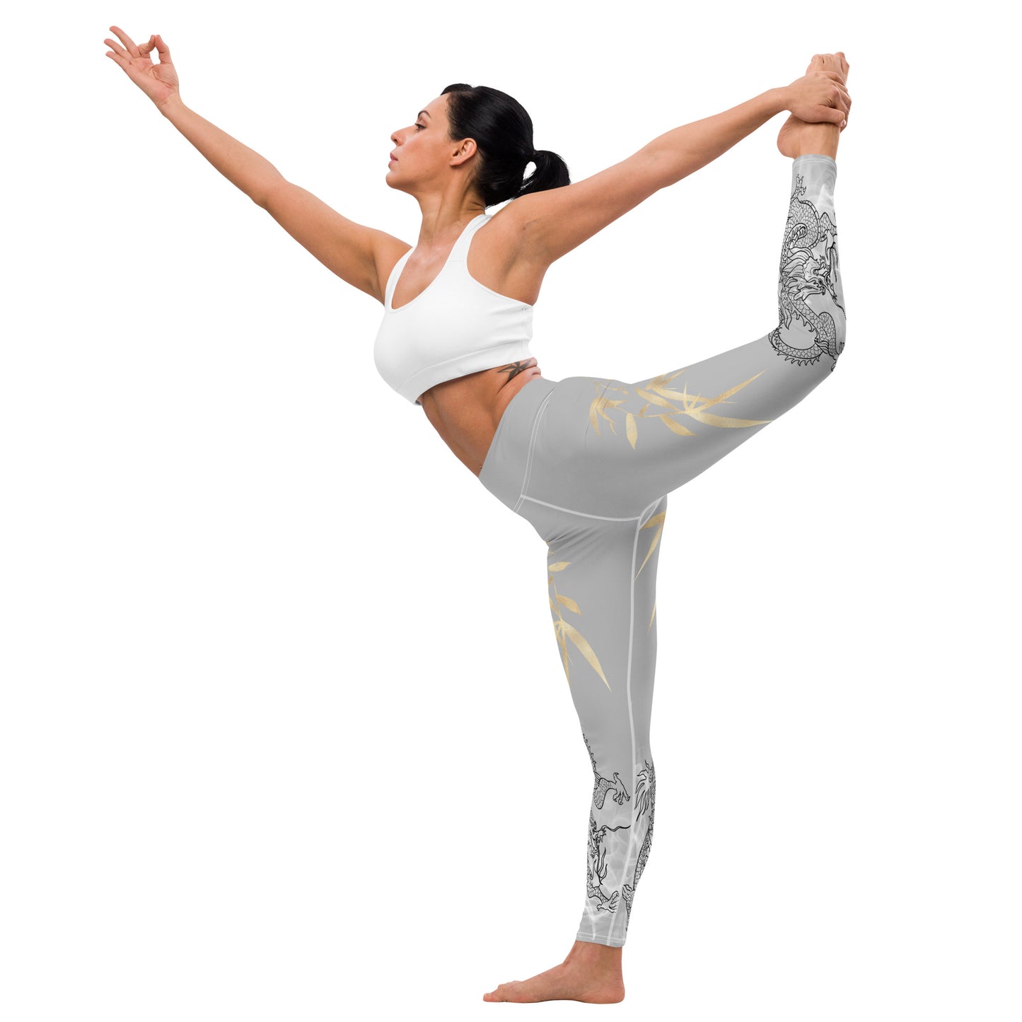 Yoga Leggings - Dragon, White Smoke, Gold Leaf, Silver Background