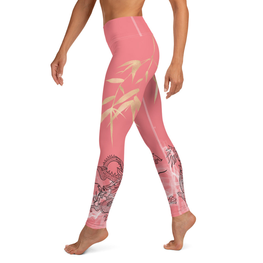 Yoga Leggings - Dragon, White Smoke, Gold Leaf, Froly Pink Peach Background