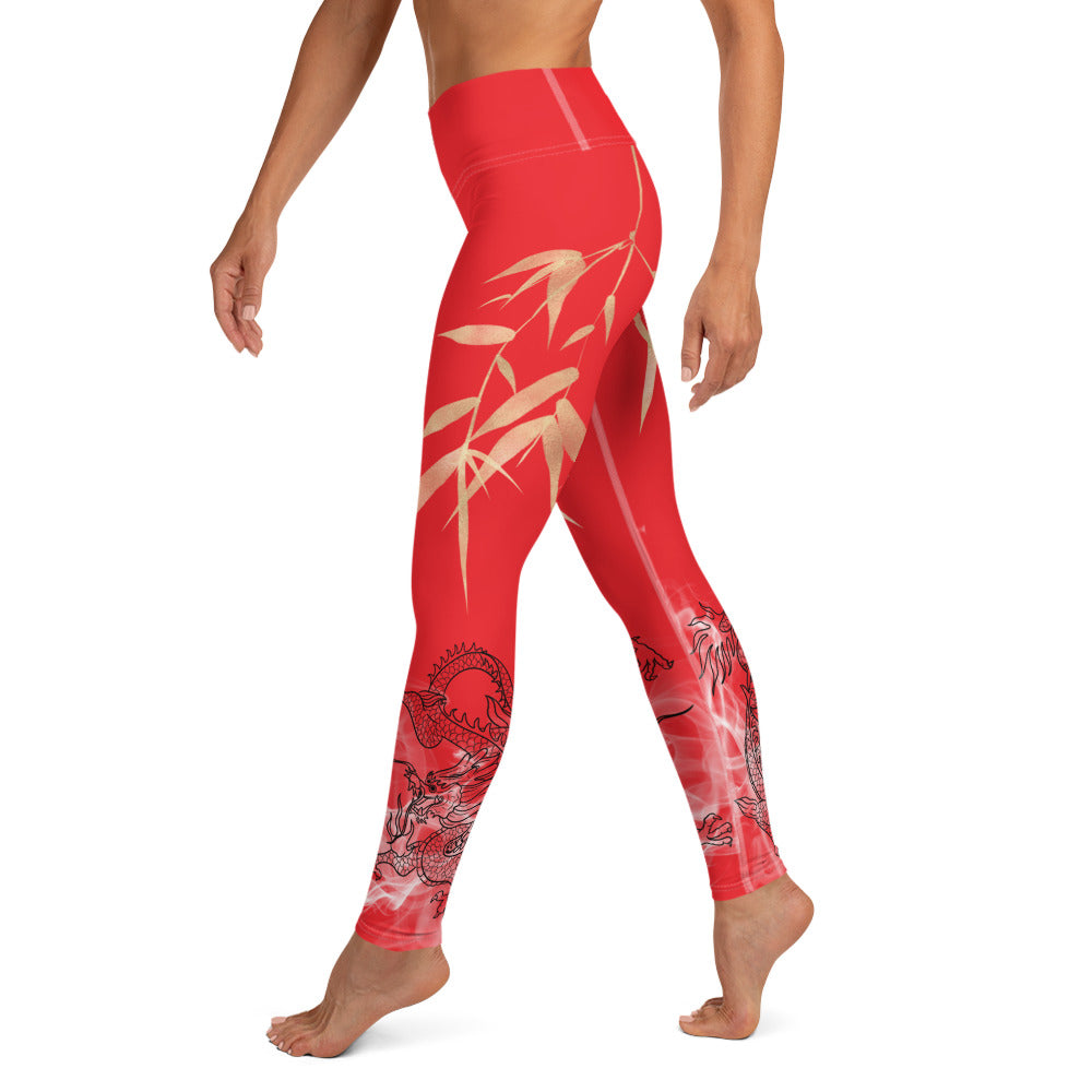 Yoga Leggings - Dragon, White Smoke, Gold Leaf, Alizarin Red Background