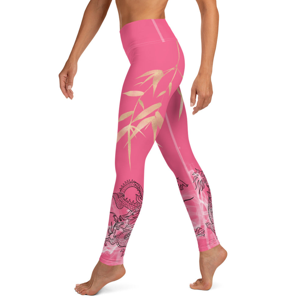 Yoga Leggings - Dragon, White Smoke, Gold Leaf, Brink Pink Background