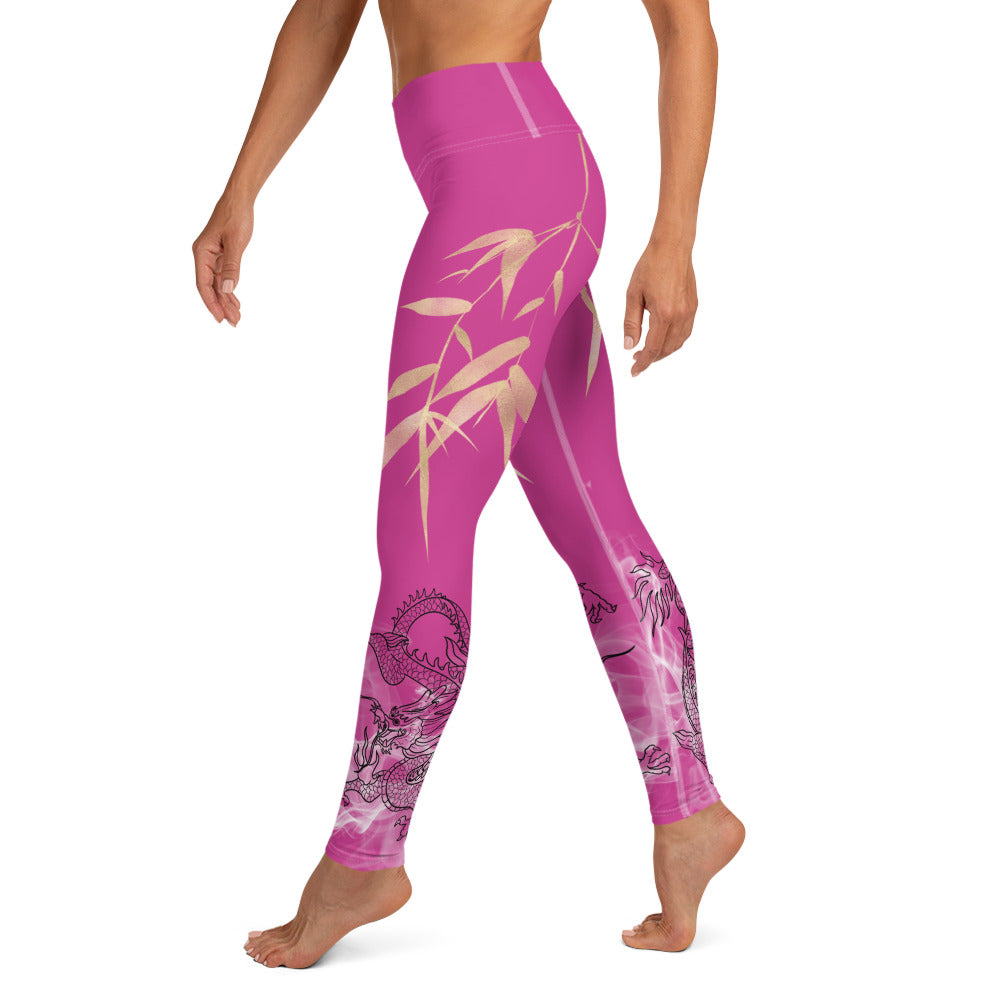 Yoga Leggings - Dragon, White Smoke, Gold Leaf, Deep Cerise Pink Purple Background