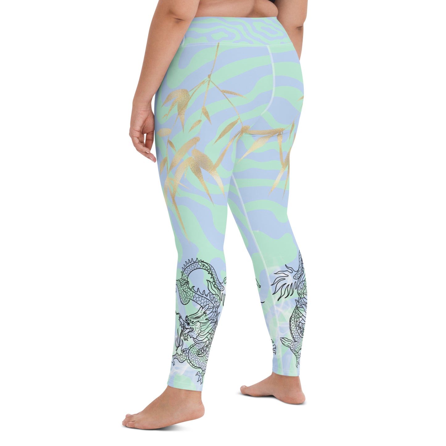 Yoga Leggings - Dragon, White Smoke, Gold Leaf, Green and Blue Swirl Background