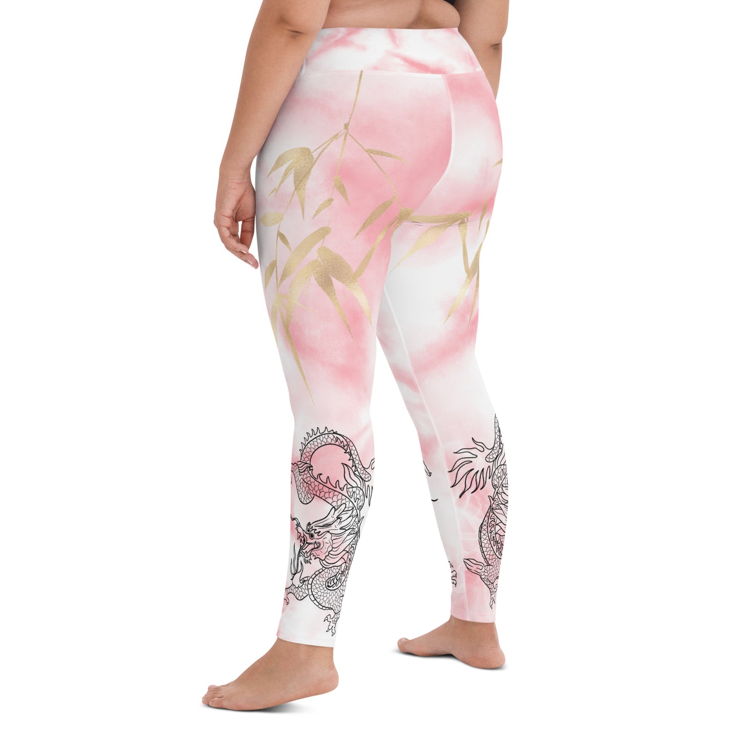 Yoga Leggings - Dragon, White Smoke, Gold Leaf, Pink Tie Dye Background