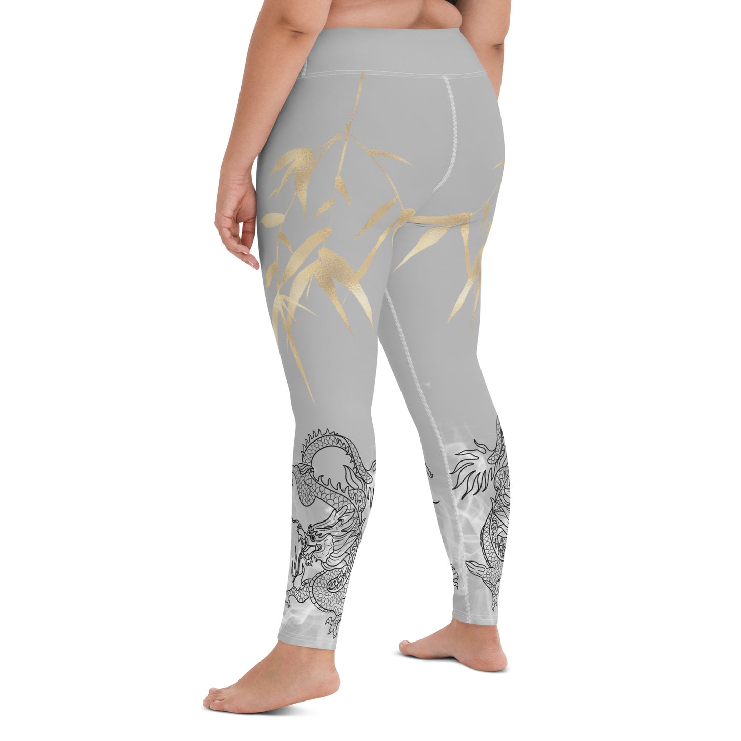 Yoga Leggings - Dragon, White Smoke, Gold Leaf, Silver Background