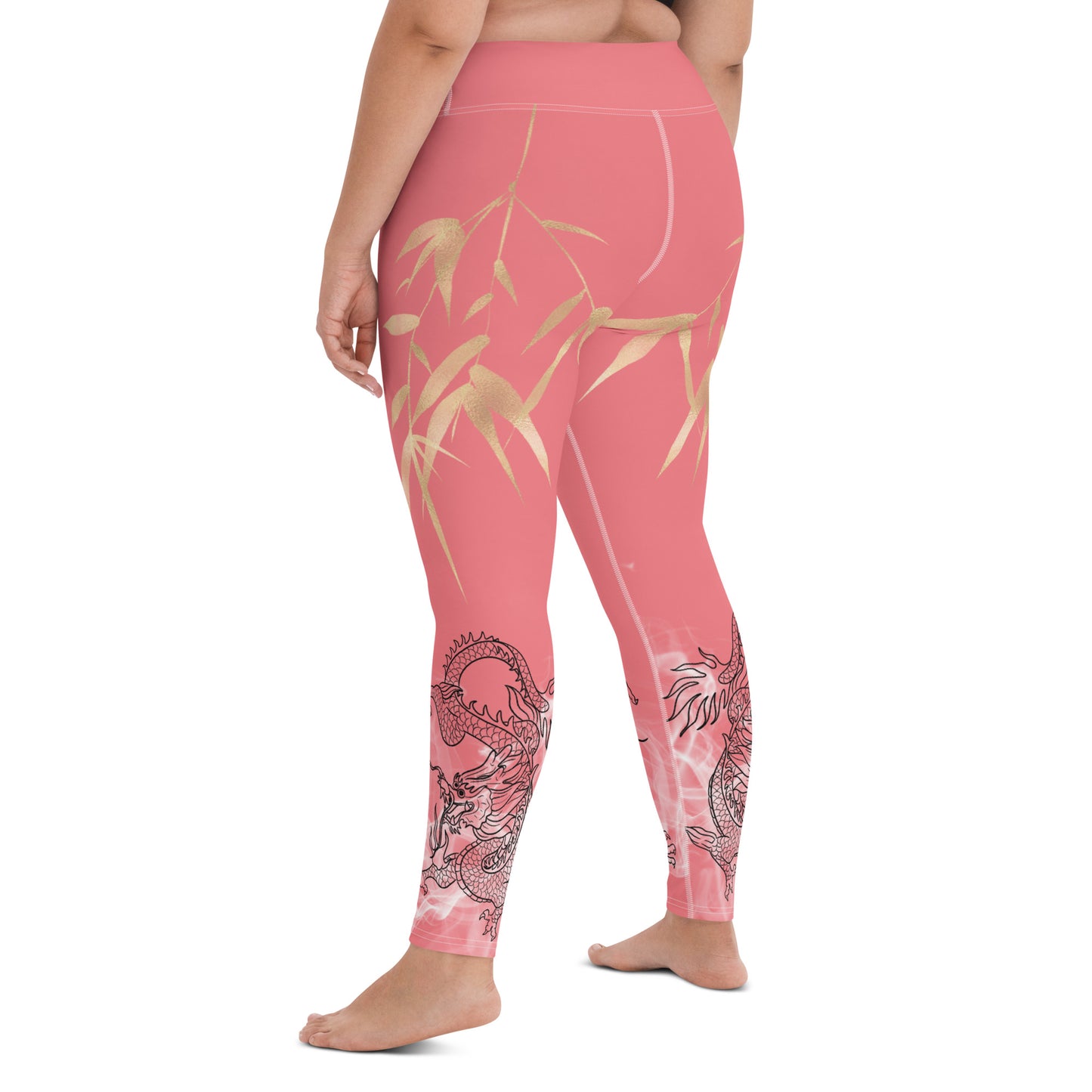 Yoga Leggings - Dragon, White Smoke, Gold Leaf, Froly Pink Peach Background